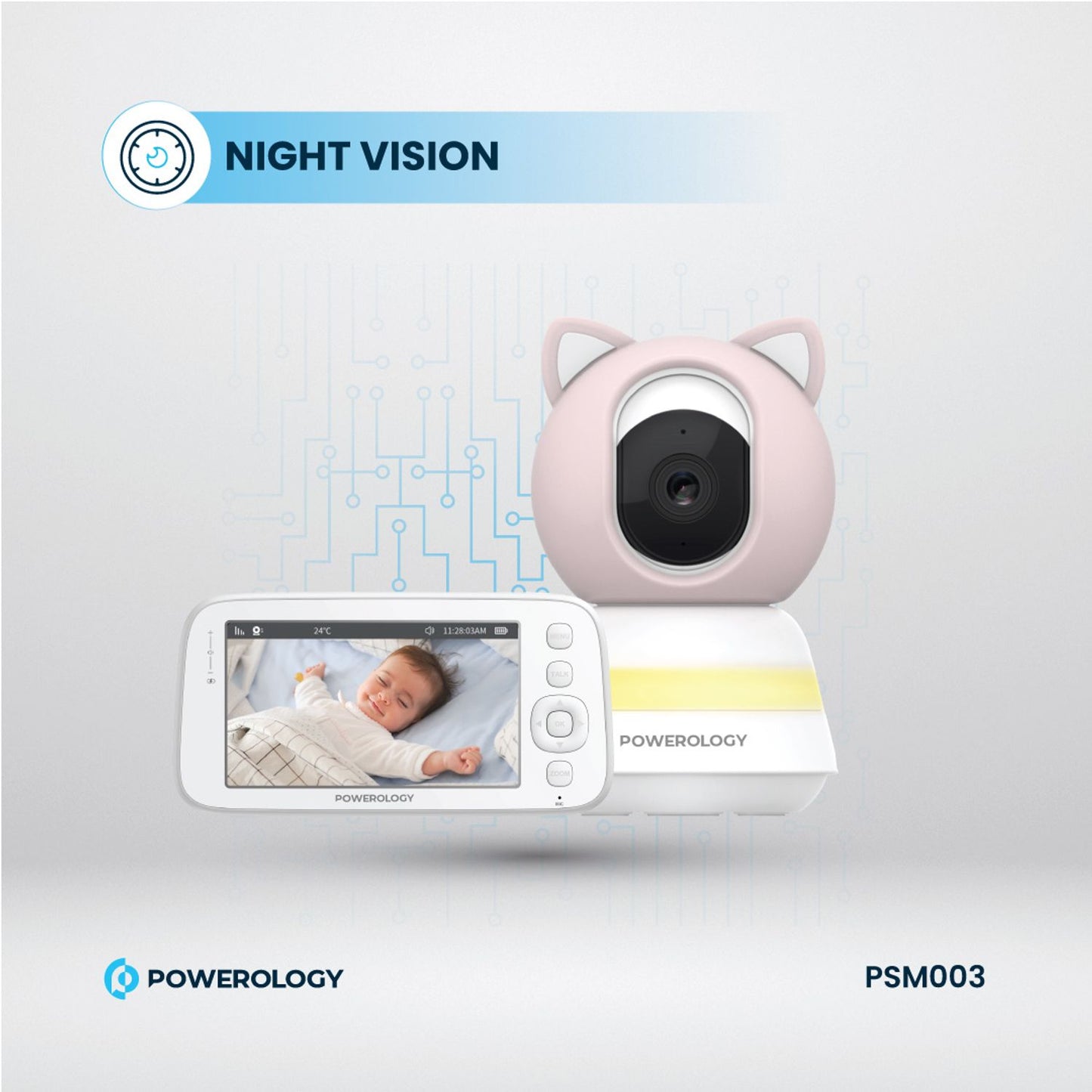 Powerology Monitor & App Baby Camera with Blue & Pink Covers, 1920 × 1080 Pixels Resolution, Night Vision, Type-C Charging Interface, Built-in Lullabies - White
