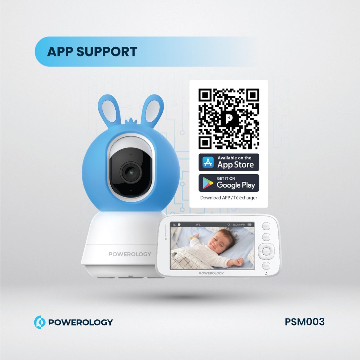 Powerology Monitor & App Baby Camera with Blue & Pink Covers, 1920 × 1080 Pixels Resolution, Night Vision, Type-C Charging Interface, Built-in Lullabies - White