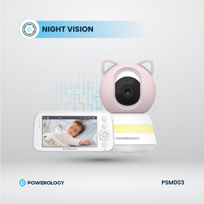 Powerology Monitor & App Baby Camera with Blue & Pink Covers, 1920 × 1080 Pixels Resolution, Night Vision, Type-C Charging Interface, Built-in Lullabies - White